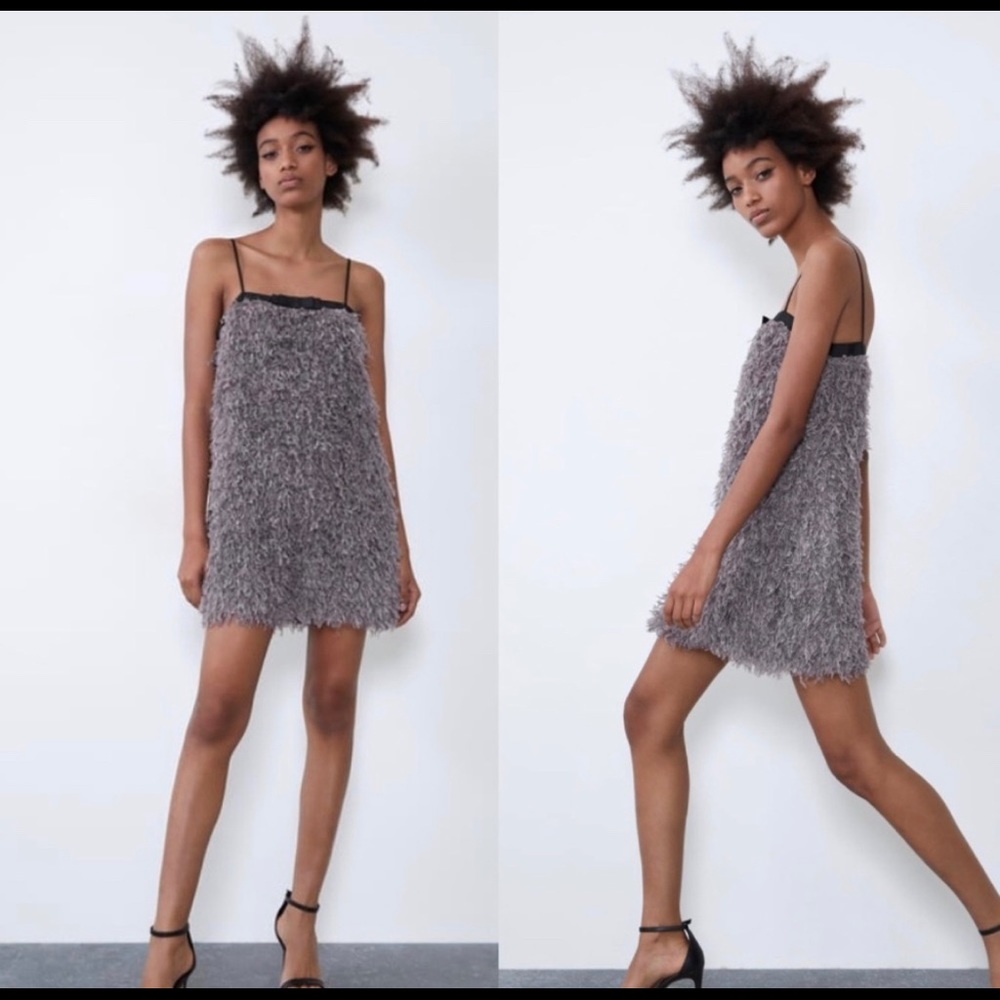 NWT Zara Gray Feather Dress XS